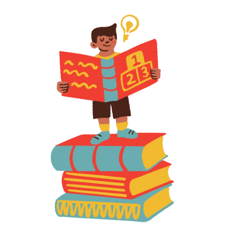 本の上で本を読む子どものイラスト
